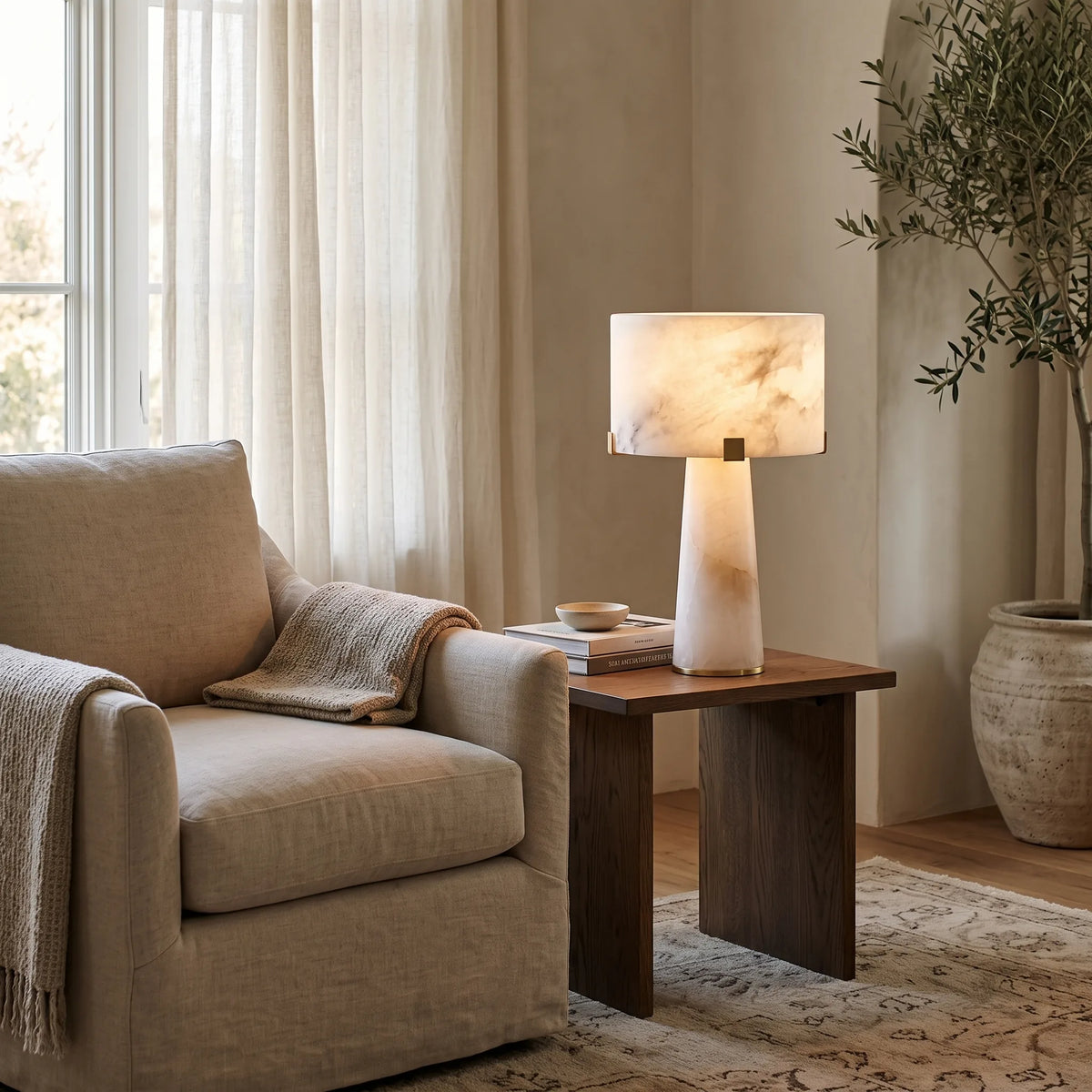 Alabaster Column Brass Table Lamp