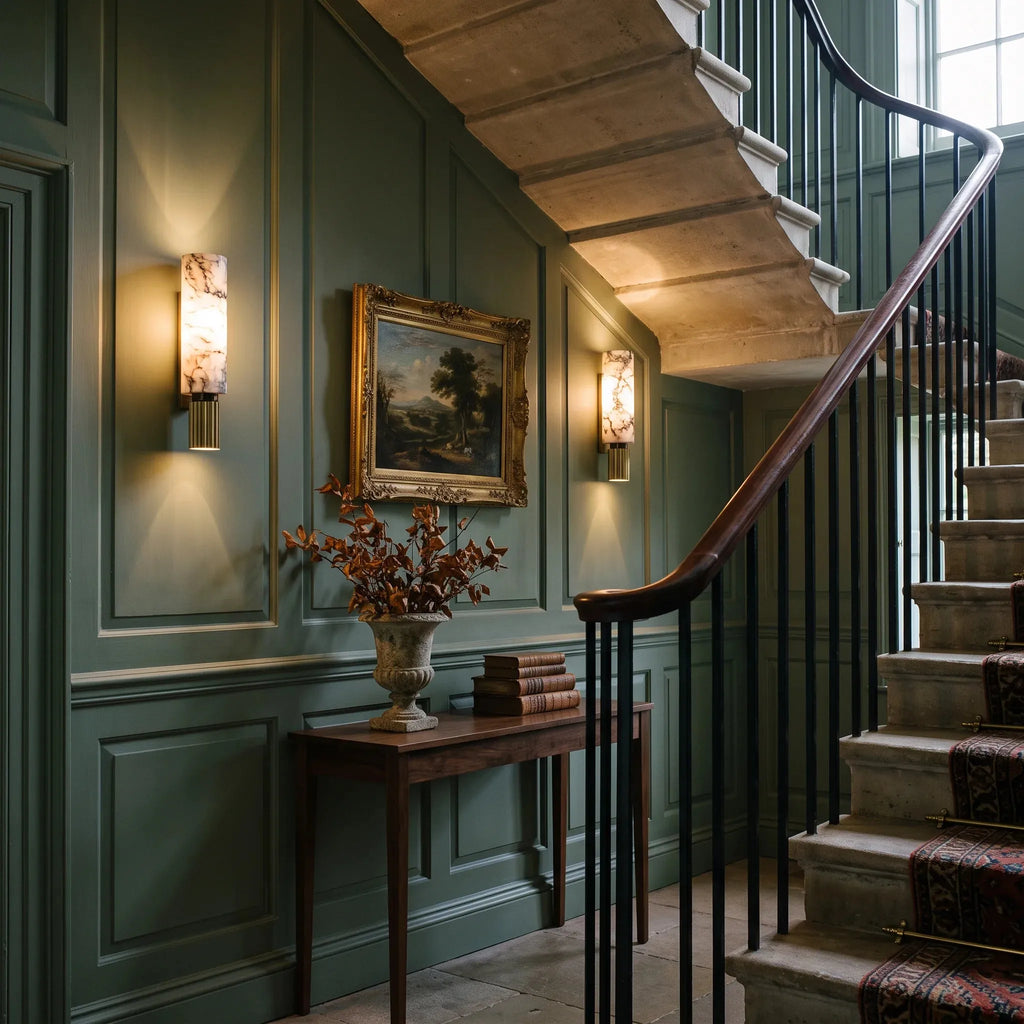 Fluted Brass Alabaster Cylinder Wall Light