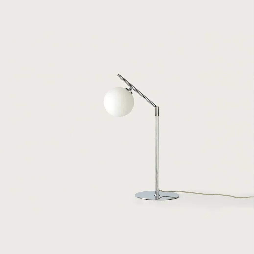 Adjustable arm opal glass globe lamp, in chrome, front view