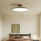 Tilting disc ceiling light, in green above a bed