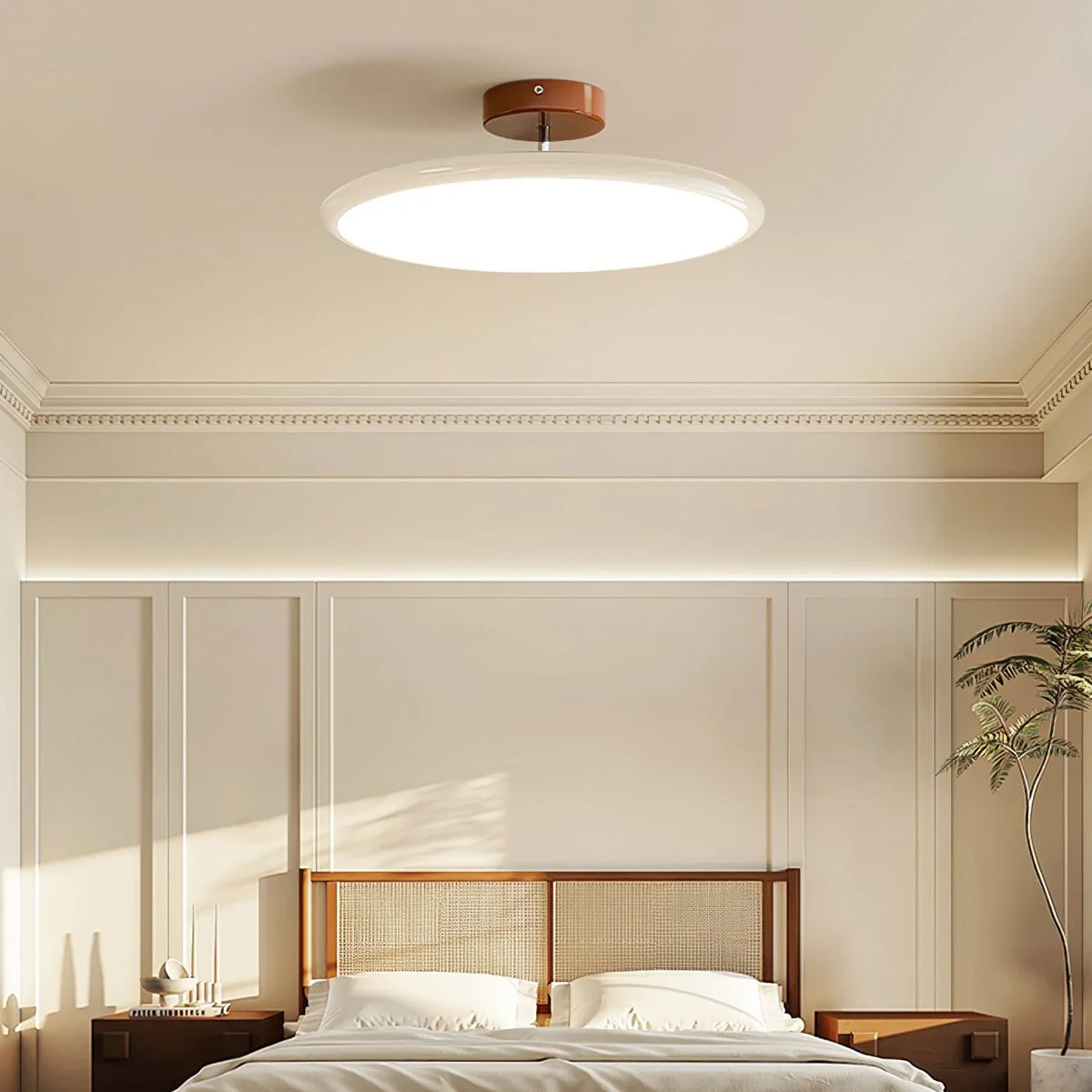 Tilting disc ceiling light, in beige above a bed