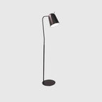 Adjustable shade steel floor lamp in black, on a plain background, from the side