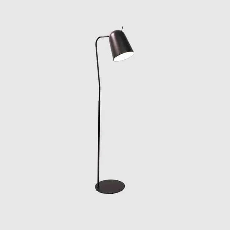 Adjustable shade steel floor lamp in black, on a plain background, from the side
