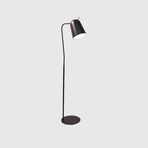 Adjustable shade steel floor lamp in black, on a plain background, from the side