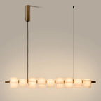 Alabaster cube linear pendant, lit, with aged gold fitting