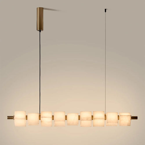 Alabaster cube linear pendant, lit, with aged gold fitting
