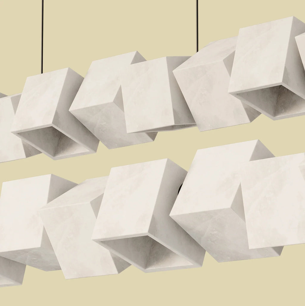 Alabaster cube linear pendant, close-up of the alabaster cubes