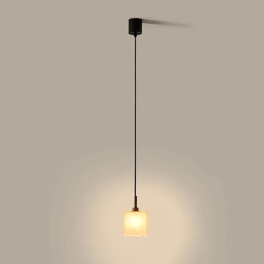 Alabaster cube pendant, lit