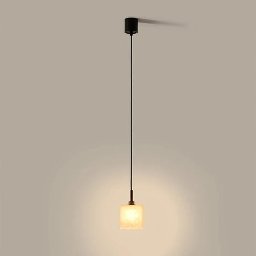 Alabaster cube pendant, lit