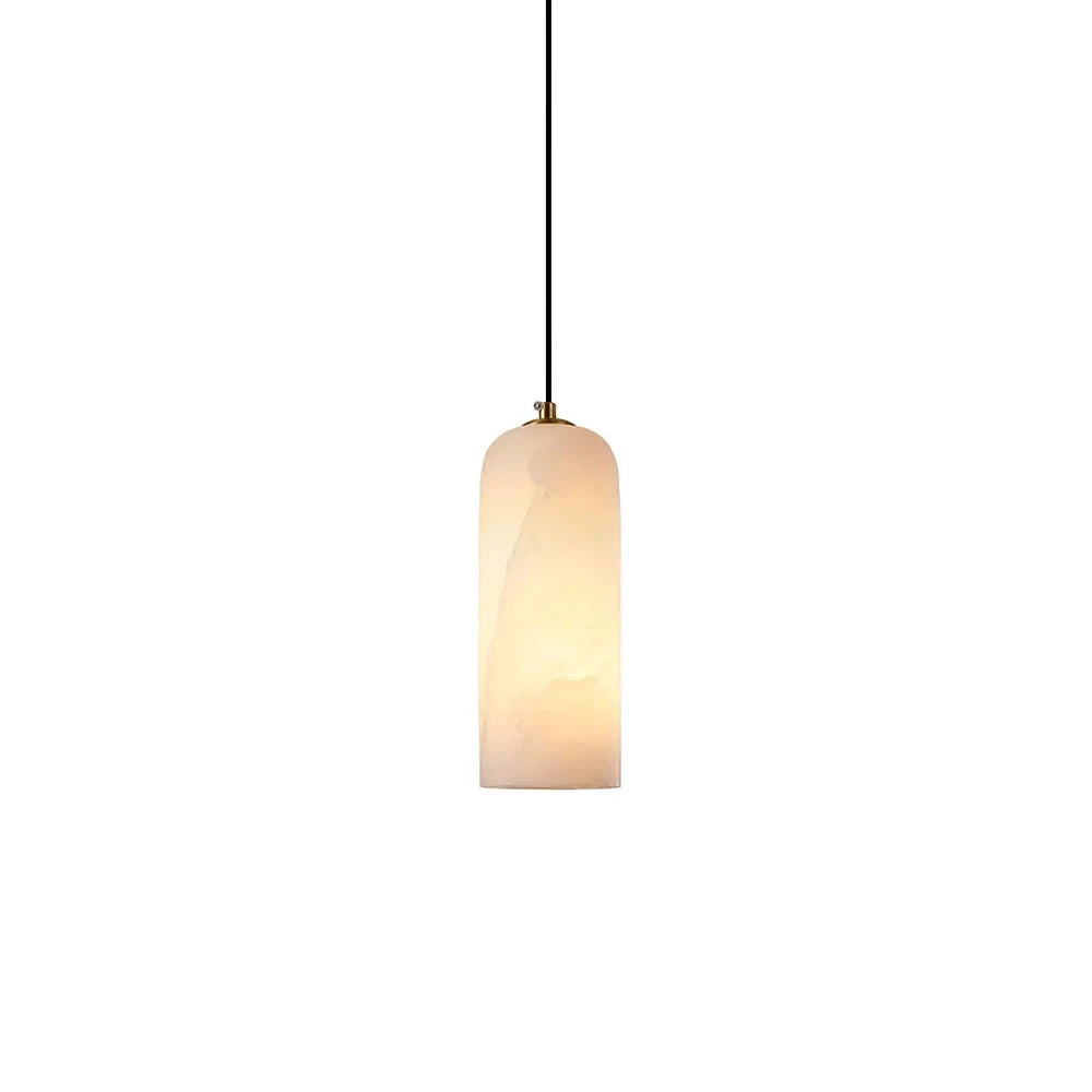 Alabaster cylinder pendant light, lit, on a white background