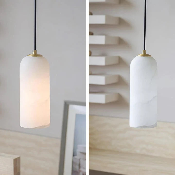 Alabaster cylinder pendant light, lit and unlit