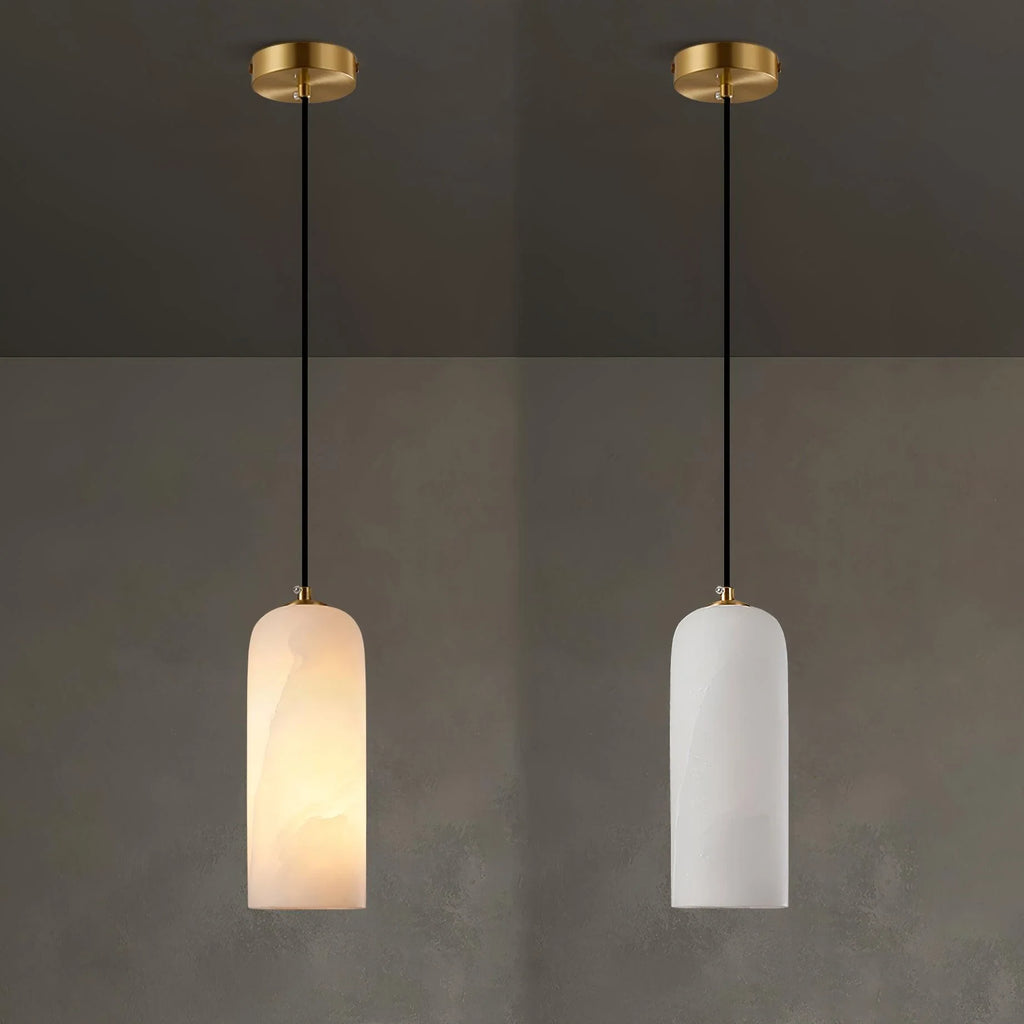 Alabaster cylinder pendant light, two side by side