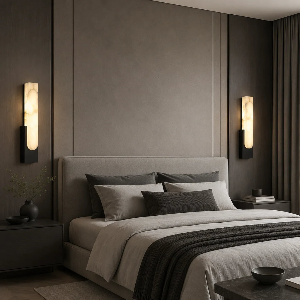 Alabaster panel wall light, a pair in black beside a bed