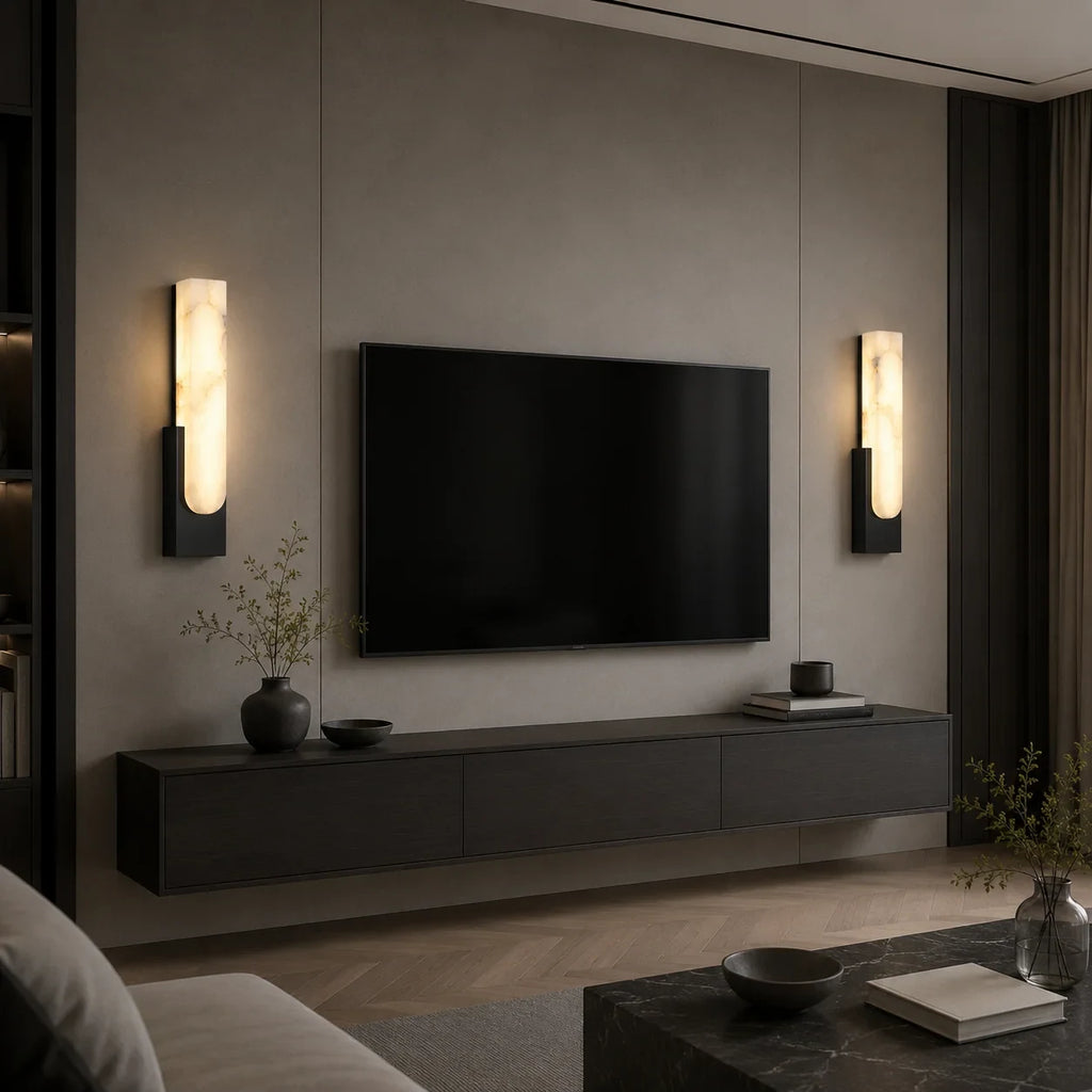 Alabaster panel wall light, a pair in black beside a TV