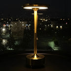 Aluminium cordless table lamp, lit by a window at night
