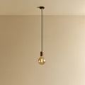 Amber Filament Globe Bulb Pendant, in walnut, lit, against a plain wall