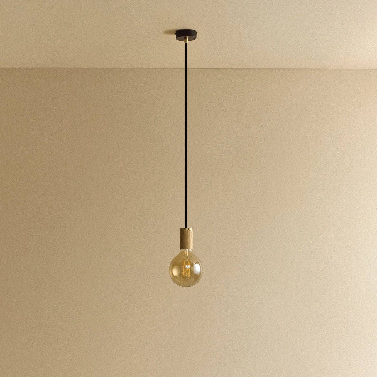 Amber tinted globe filament pendant, oak, unlit