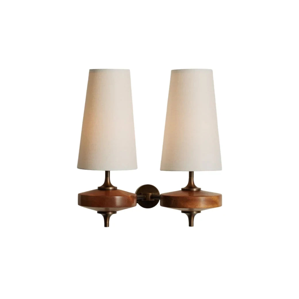 Walnut and antique brass wall light, double, with white shades