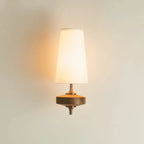 Walnut and antique brass wall light, single, white shade, lit