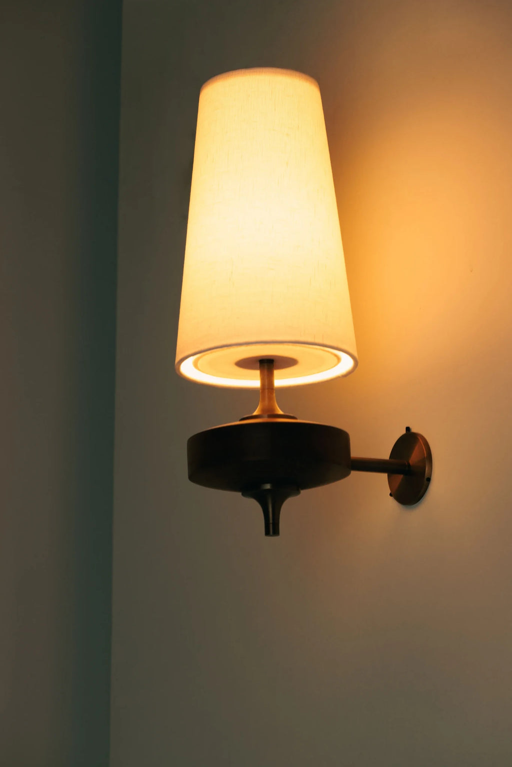 Walnut and antique brass wall light, lit beside a dark wall