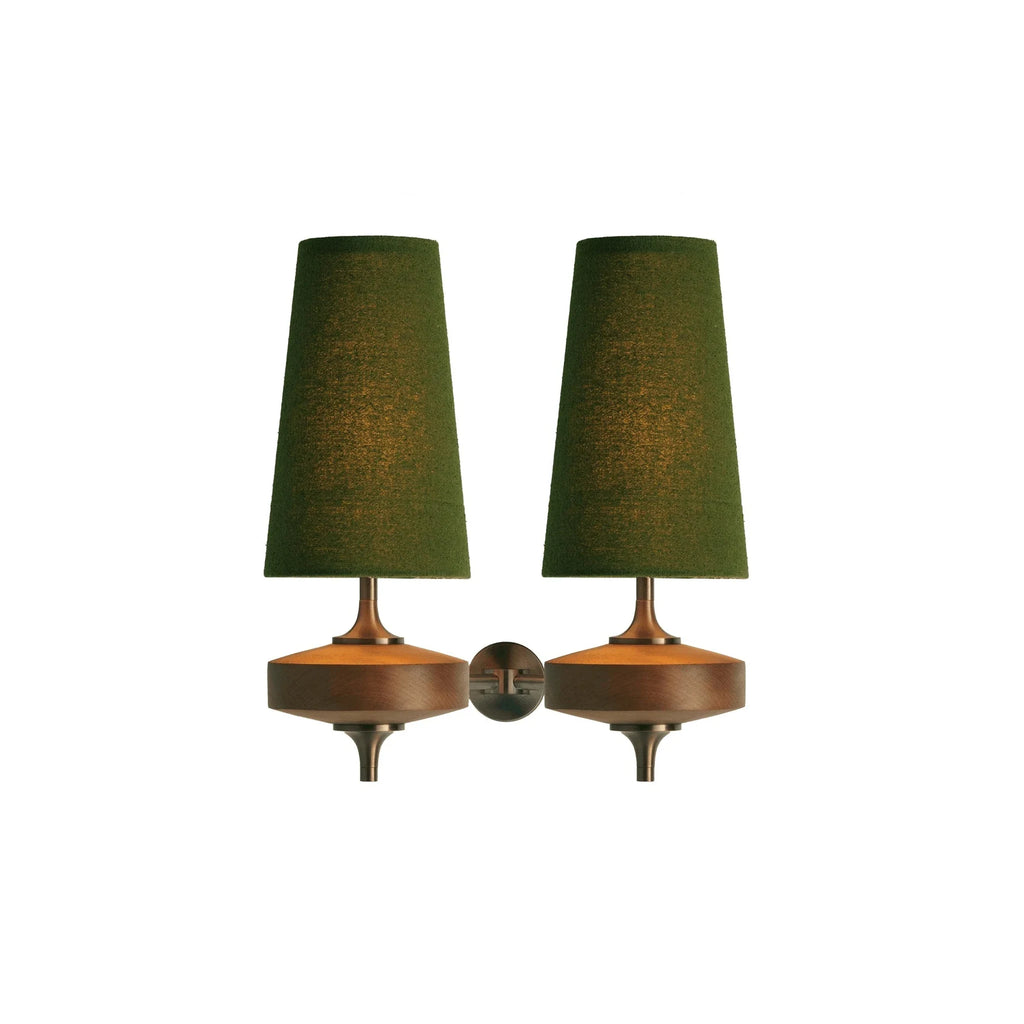 Walnut and antique brass wall light, double, with green shades