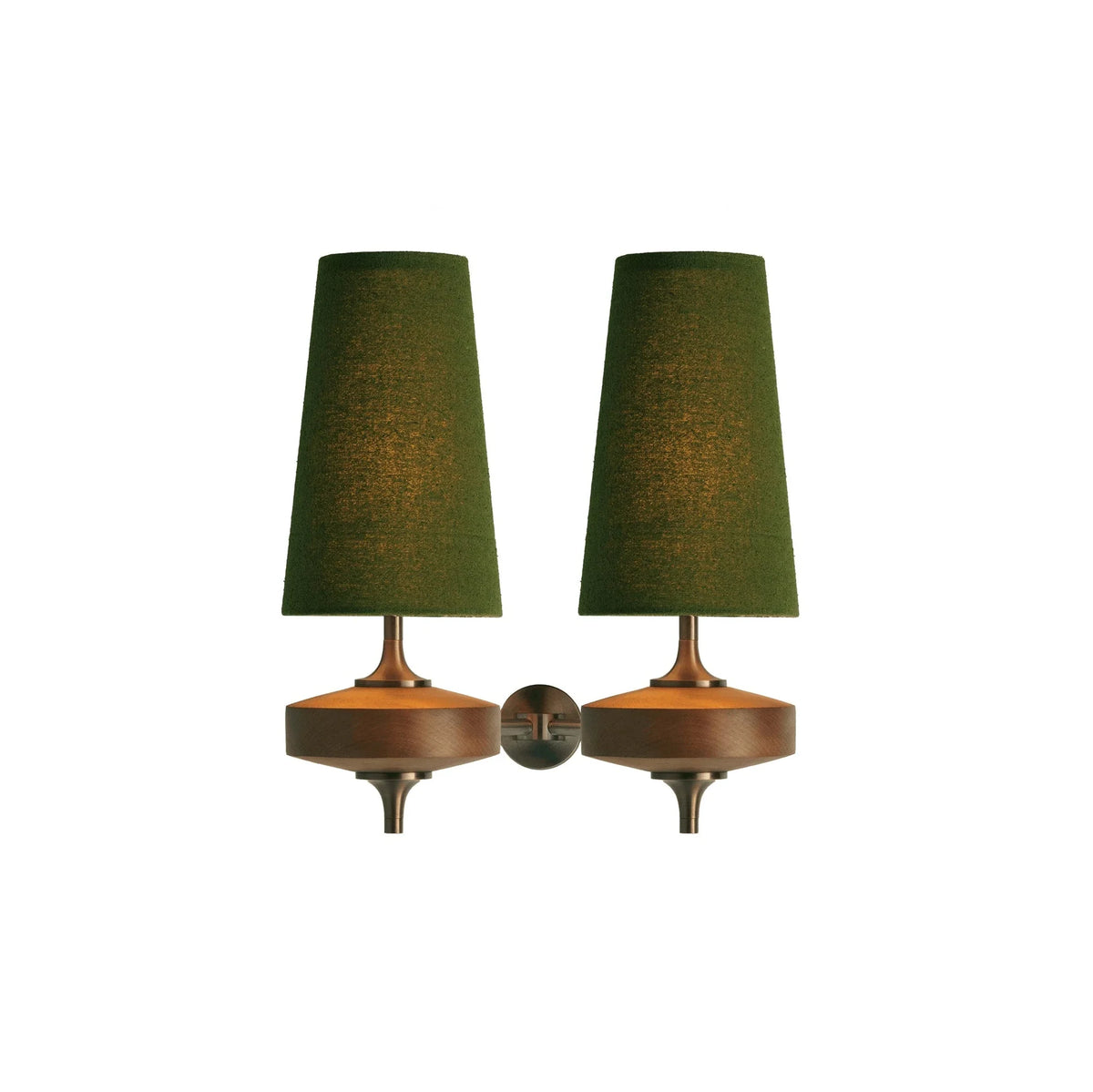 Walnut and antique brass wall light, double, with green shades