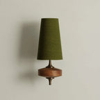 Walnut and antique brass wall light, single, with a green shade