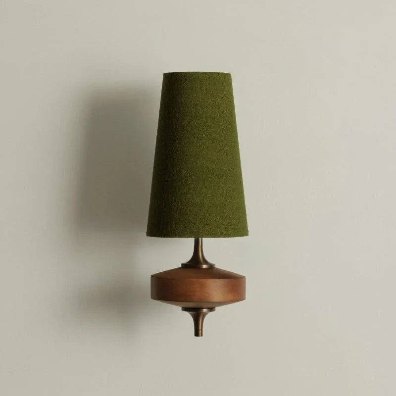 Walnut and antique brass wall light, single, with a green shade