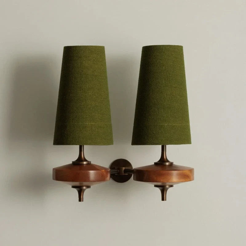 Walnut and antique brass wall light, double, with green shades