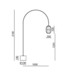 Arc floor lamp with a ribbed lantern shade and black marble foot, dimension drawing