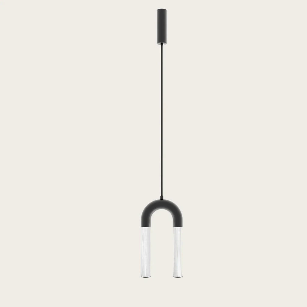 Arch pendant with twin ribbed glass tubes, in textured matte black