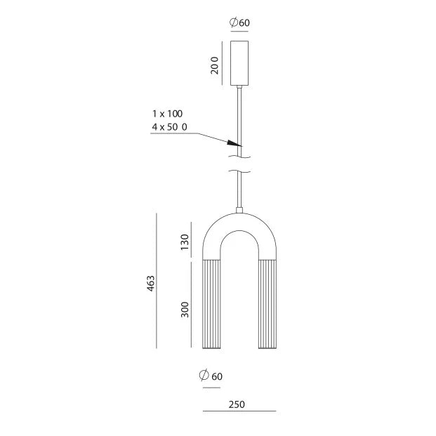 Arch pendant with twin ribbed glass tubes, dimension drawing
