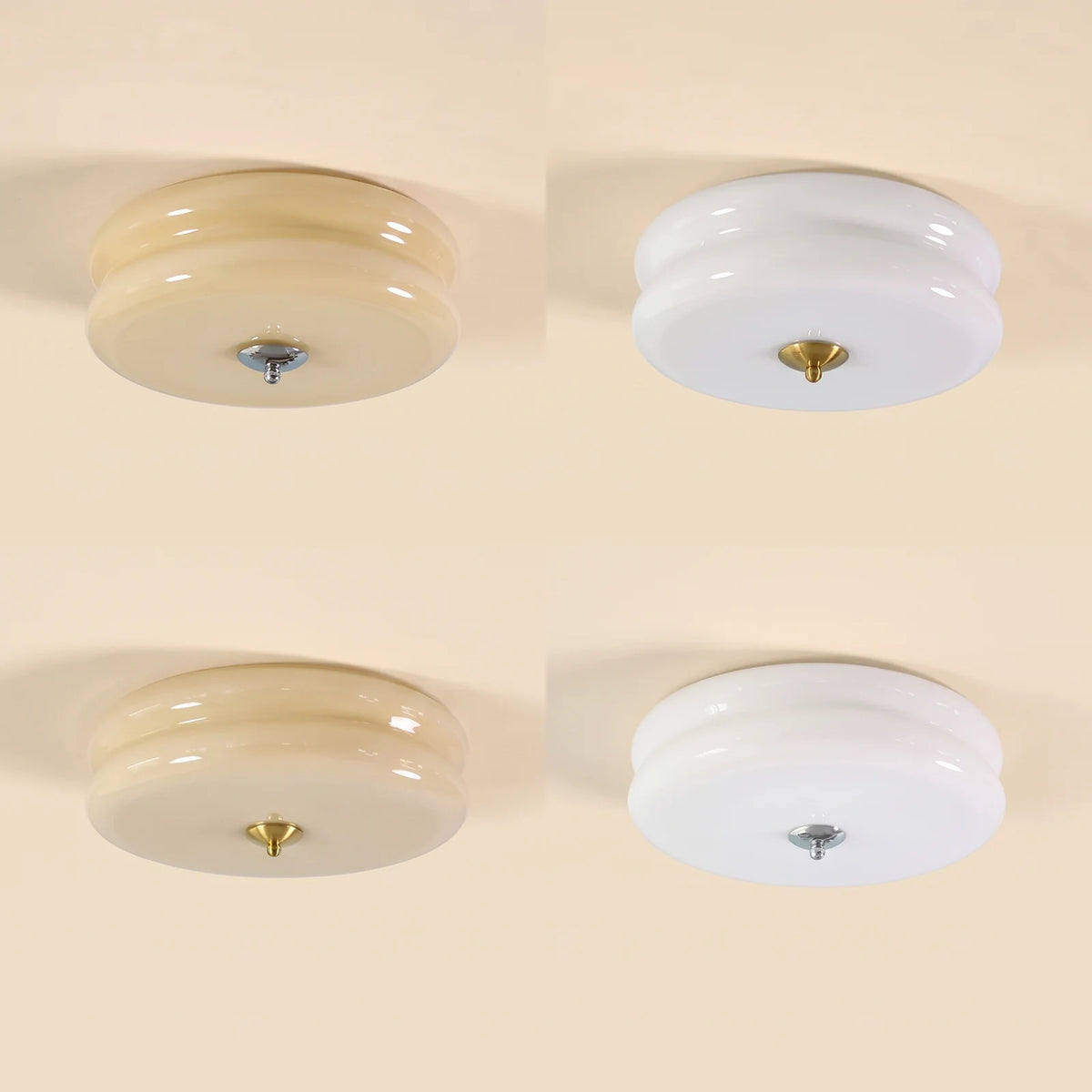 Art Deco flush ceiling light in chrome and gold, with beige and white glass