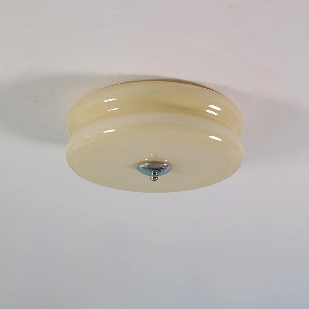 Art Deco flush ceiling light, chrome with beige glass