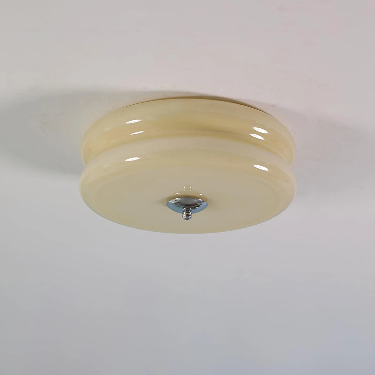 Art Deco flush ceiling light, chrome with beige glass