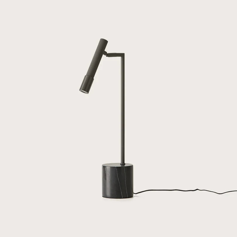 Articulated LED reading table lamp, black marble base, on its marble base