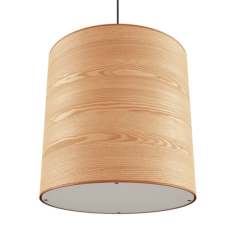 Large ash veneer drum pendant, from below, showing the diffuser