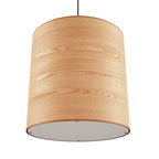Large ash veneer drum pendant, from below, showing the diffuser