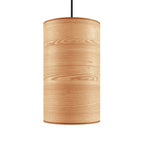 Small ash veneer drum pendant, on a plain background