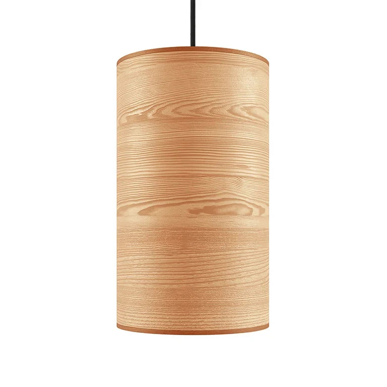 Small ash veneer drum pendant, on a plain background