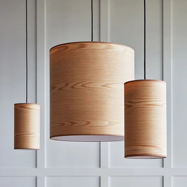 Small ash veneer drum pendant, grouped with the large size