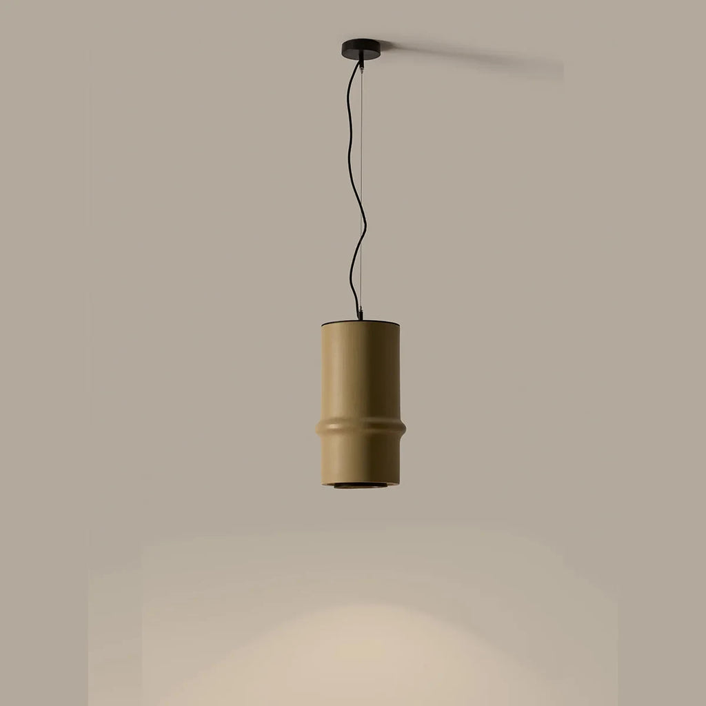 Banded hand-painted ceramic cylinder pendant, lit, in olive