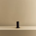 Blackened oak bulb holder table lamp, empty, on a shelf