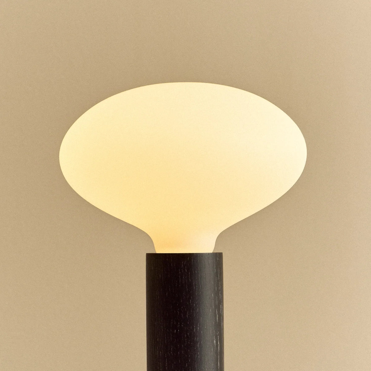 Blackened oak table lamp with a flat oval opal bulb, lit, close-up