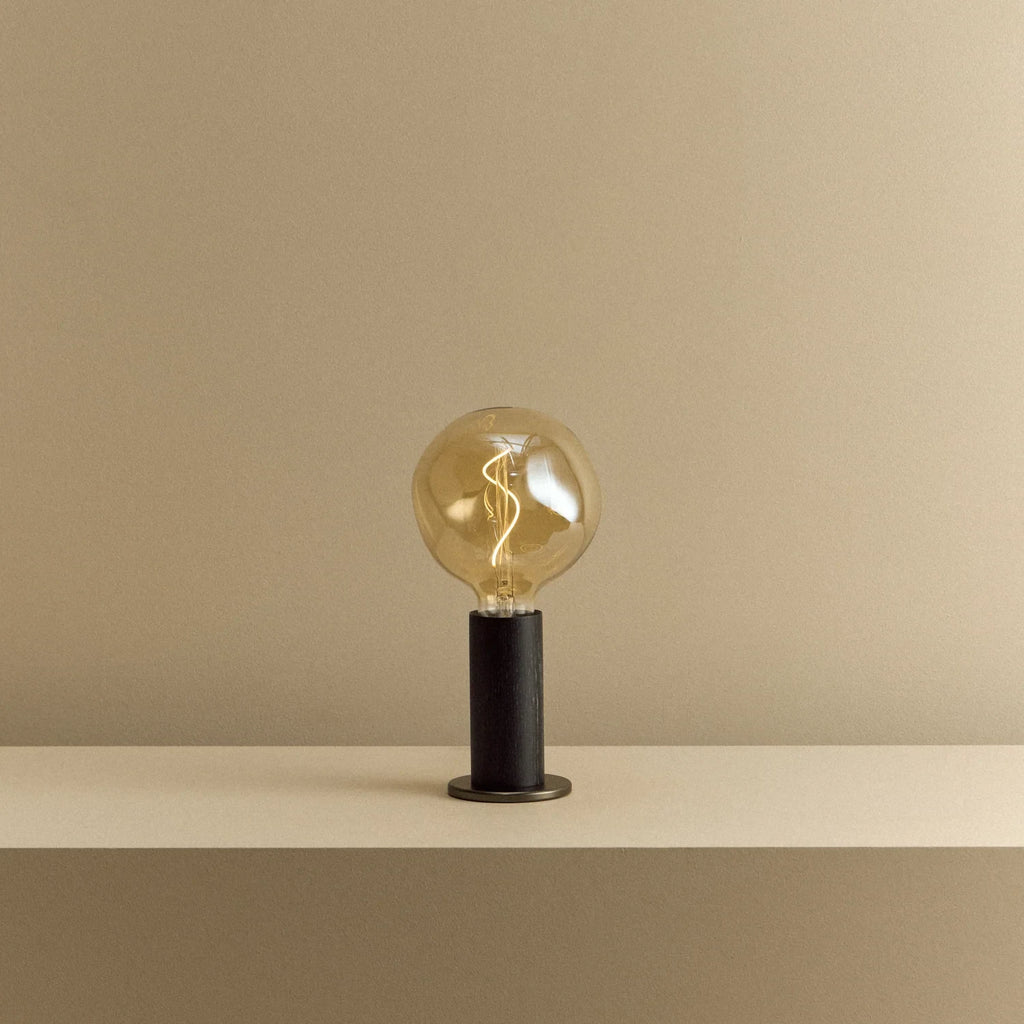 Blackened oak table lamp pair, tinted globe bulbs, one lit on a shelf