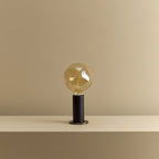 Blackened oak table lamp pair, tinted globe bulbs, one on a shelf