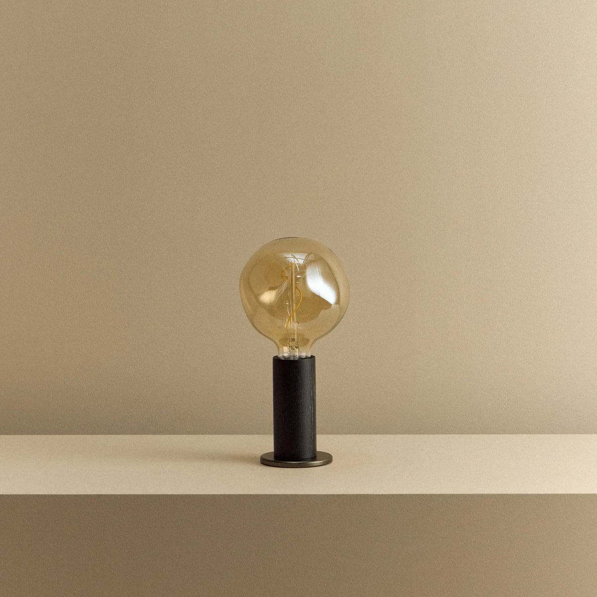 Blackened oak table lamp pair, tinted globe bulbs, one on a shelf