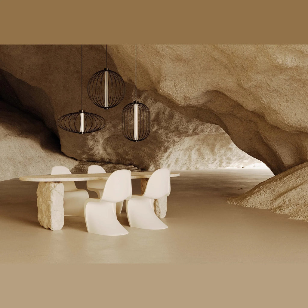 Bowed rod cage LED pendant, grouped above a dining table