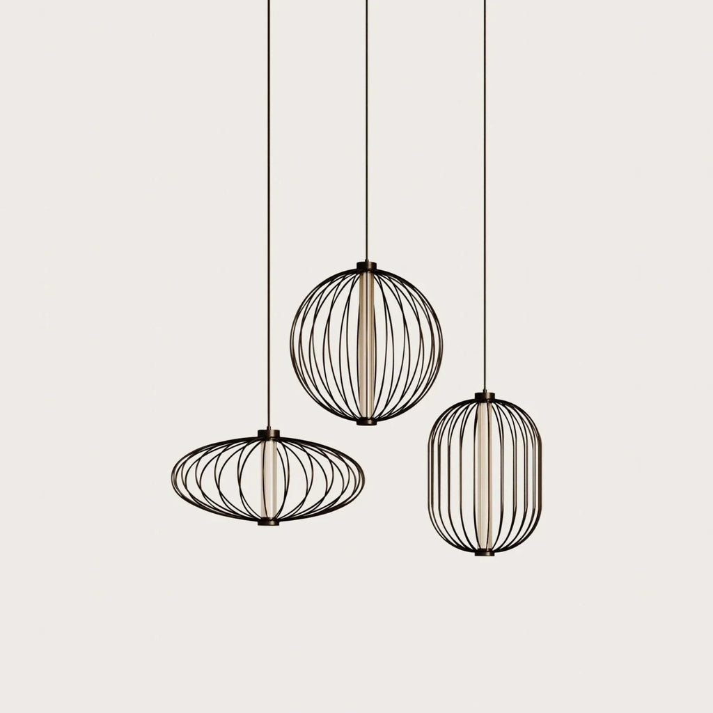 Bowed rod cage LED pendant, three sizes grouped