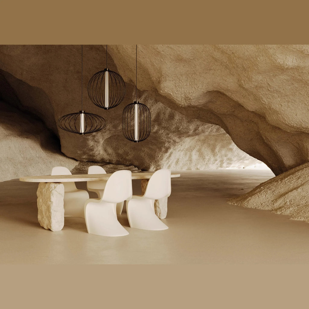 Bowed rod cage LED pendant, grouped above a dining table
